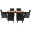 7-Piece Outdoor Patio Dining Set, Garden PE Rattan Wicker Dining Table and Chairs Set, Acacia Wood Tabletop, Stackable Armrest Chairs with Cushions