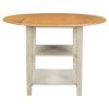 Farmhouse Round Kitchen Dining Table with Drop Leaf and 2-tier Shelves for Small Places